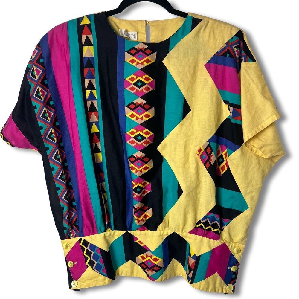 Bissoni Geometric Print Colorblock Top Yellow Linen Blend Boxy VTG 80s Sz. L/XL